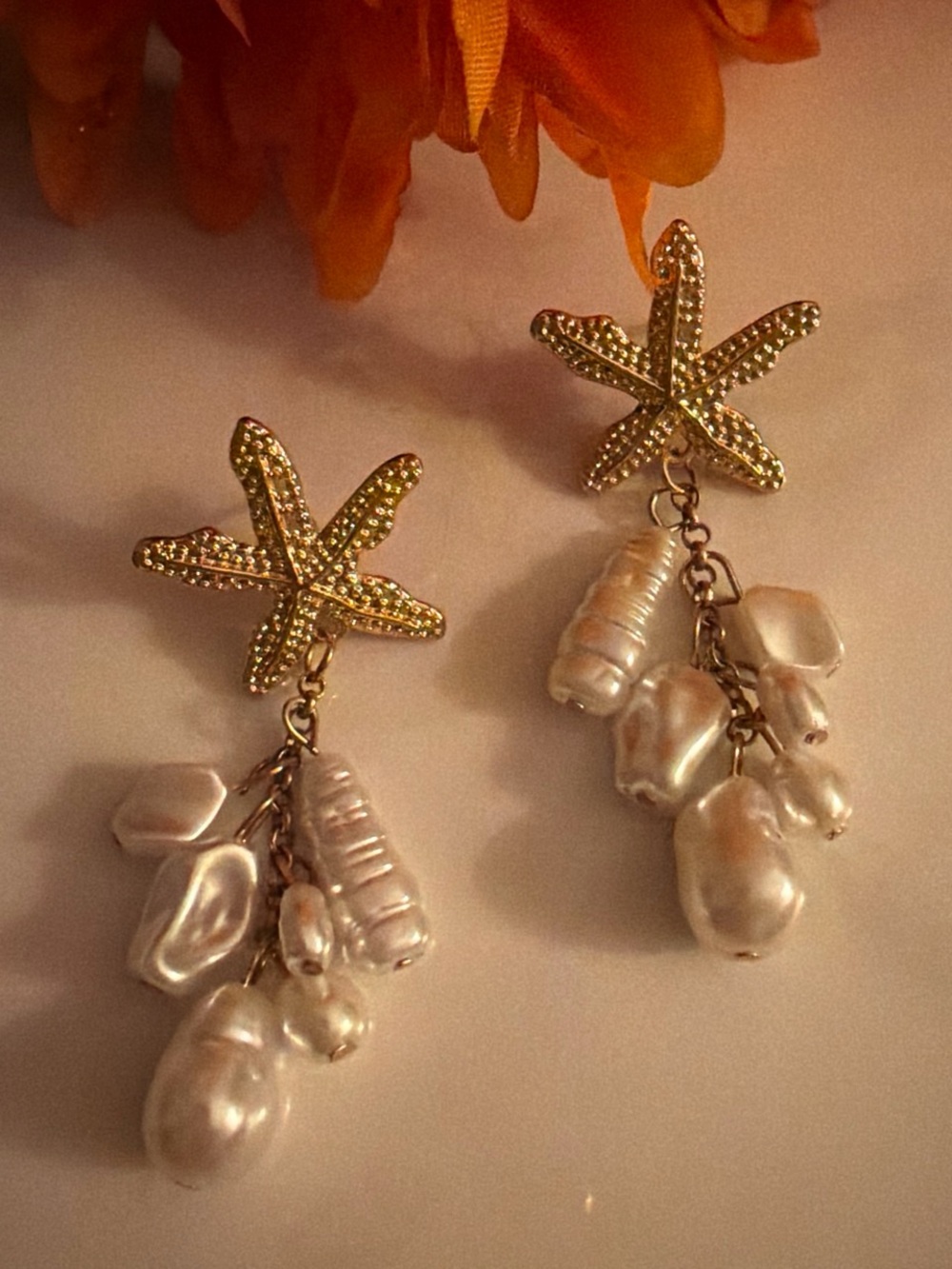 Gold Starfish Drop Earrings with Cream Pearl Clusters